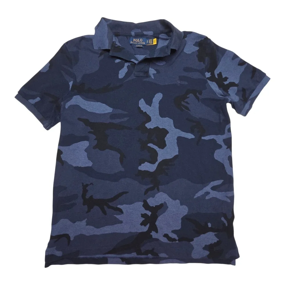 Polo Ralph Lauren Polo Shirt S Blue Camouflage Camo Classic Fit Cotton Preppy
